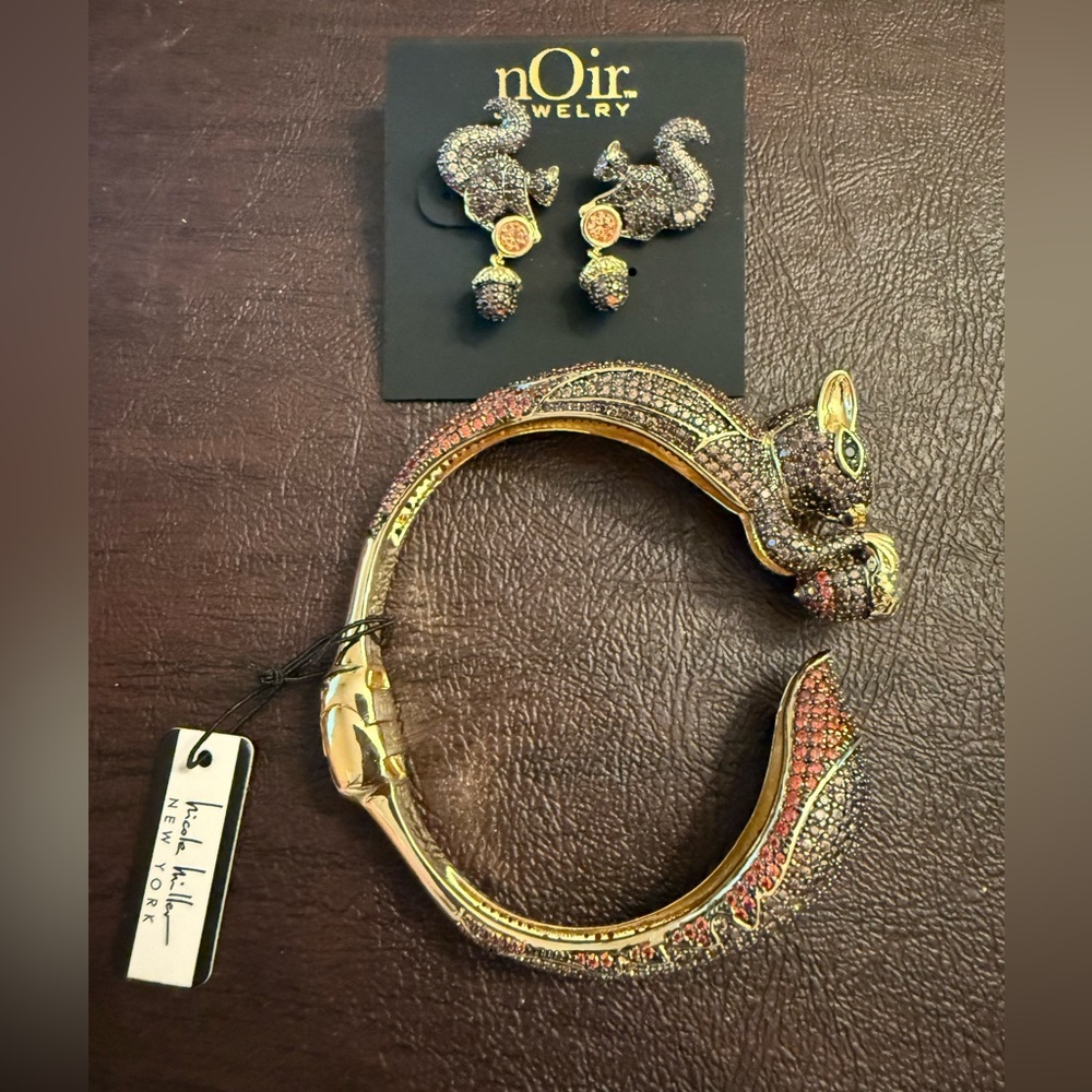 Nicole Miller Noir Jewelry Collab Squirrel Bracelet & Earrings Set RARE